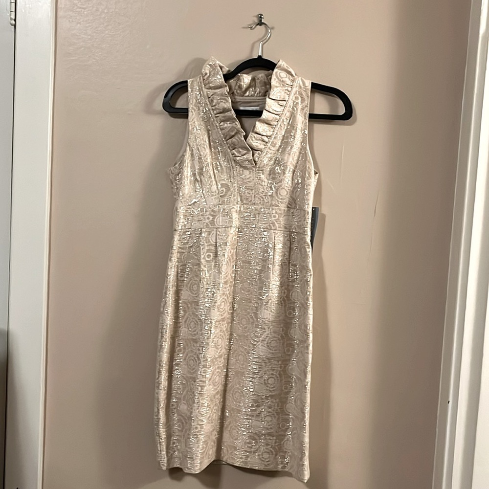 NWT London Times Champagne White Gold Metallic Shiny Circle Embossed Dress 4